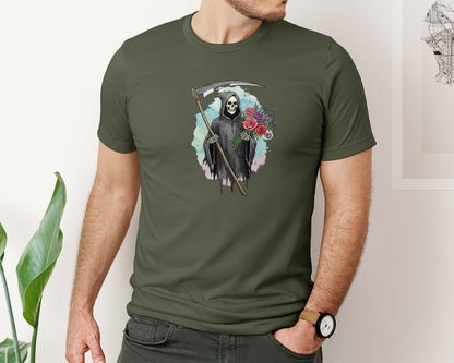 brand:Bella Canvas|color:Military Green|Grim Reaper With Flowers Gothic Graphic T-Shirt