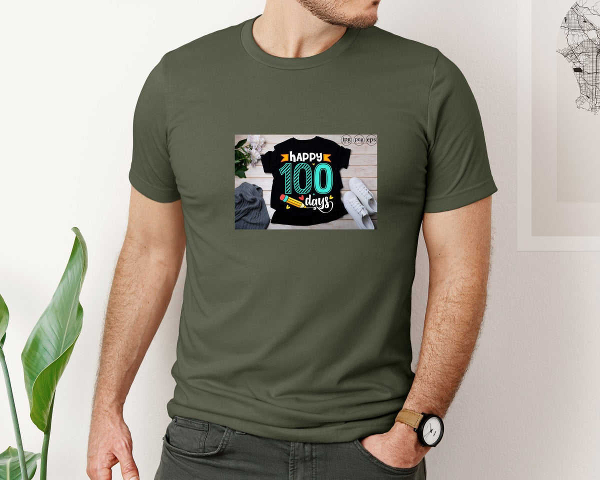 brand:Bella Canvas|color:Military Green|100 Days Of School Shirt 10 Graphic T-Shirt