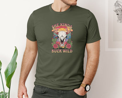 brand:Bella Canvas|color:Military Green|She Kinda Buck Wild Western Aesthetic 3 Graphic T-Shirt