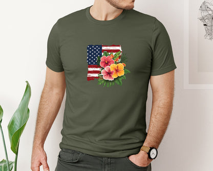 brand:Bella Canvas|color:Military Green|Floral American Flag 4Th Of July Graphic T-Shirt