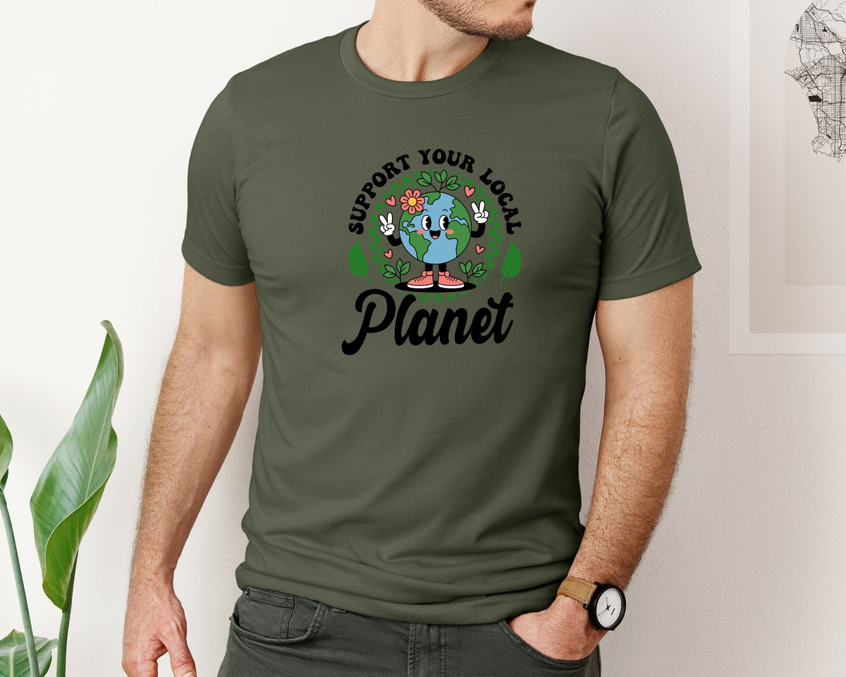 brand:Bella Canvas|color:Military Green|Earth Day Support Your Local Planet 2 Graphic T-Shirt