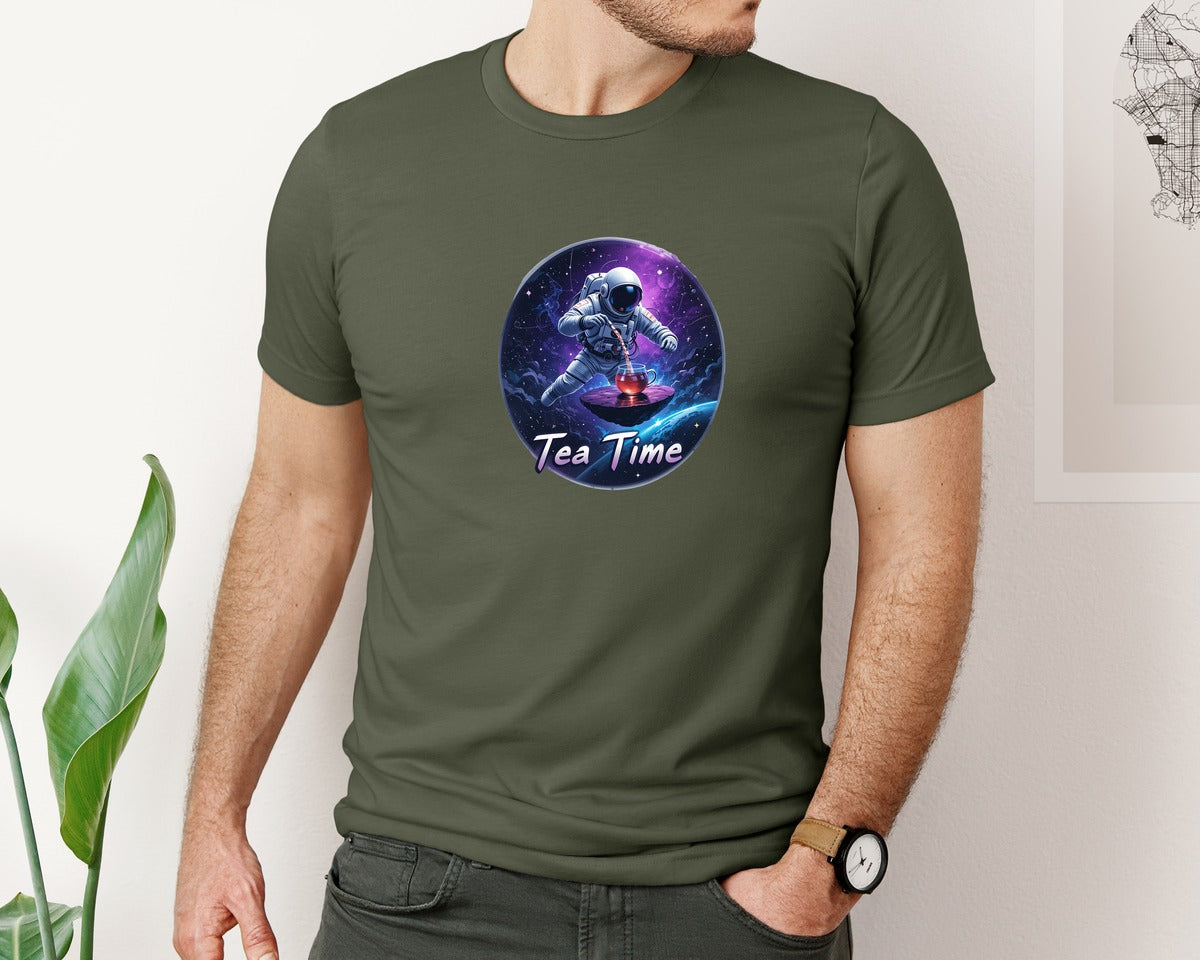 brand:Bella Canvas|color:Military Green|Astronaut Tea Time In Space T Shirt Graphic T-Shirt