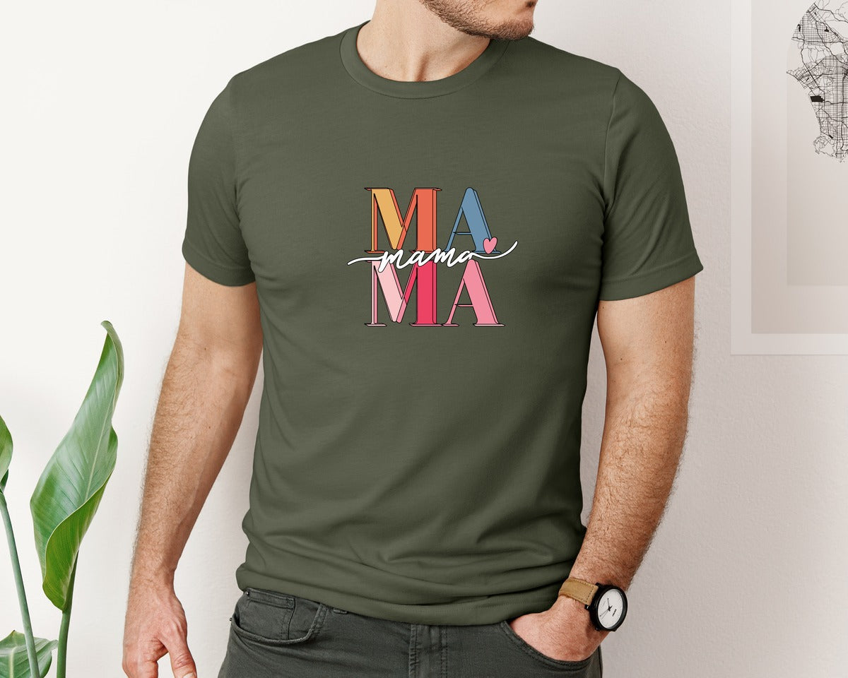 brand:Bella Canvas|color:Military Green|Colorful Hand Lettered Mama Quote Art Graphic T-Shirt