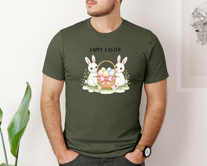 brand:Bella Canvas|color:Military Green|Happy Easter Bunnies With Basket Cu Graphic T-Shirt