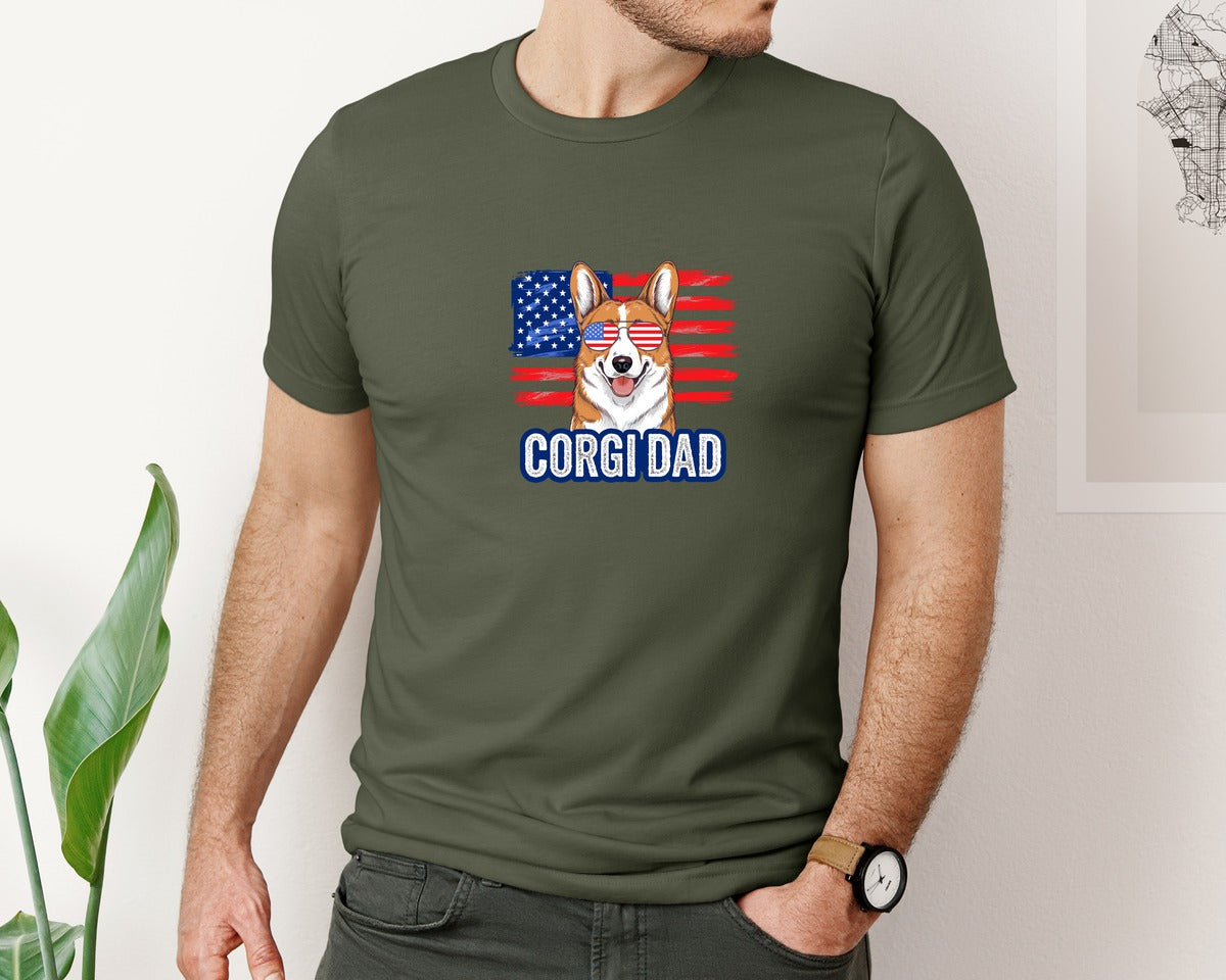 brand:Bella Canvas|color:Military Green|Corgi Dad American Flag 4Th Of July Graphic T-Shirt