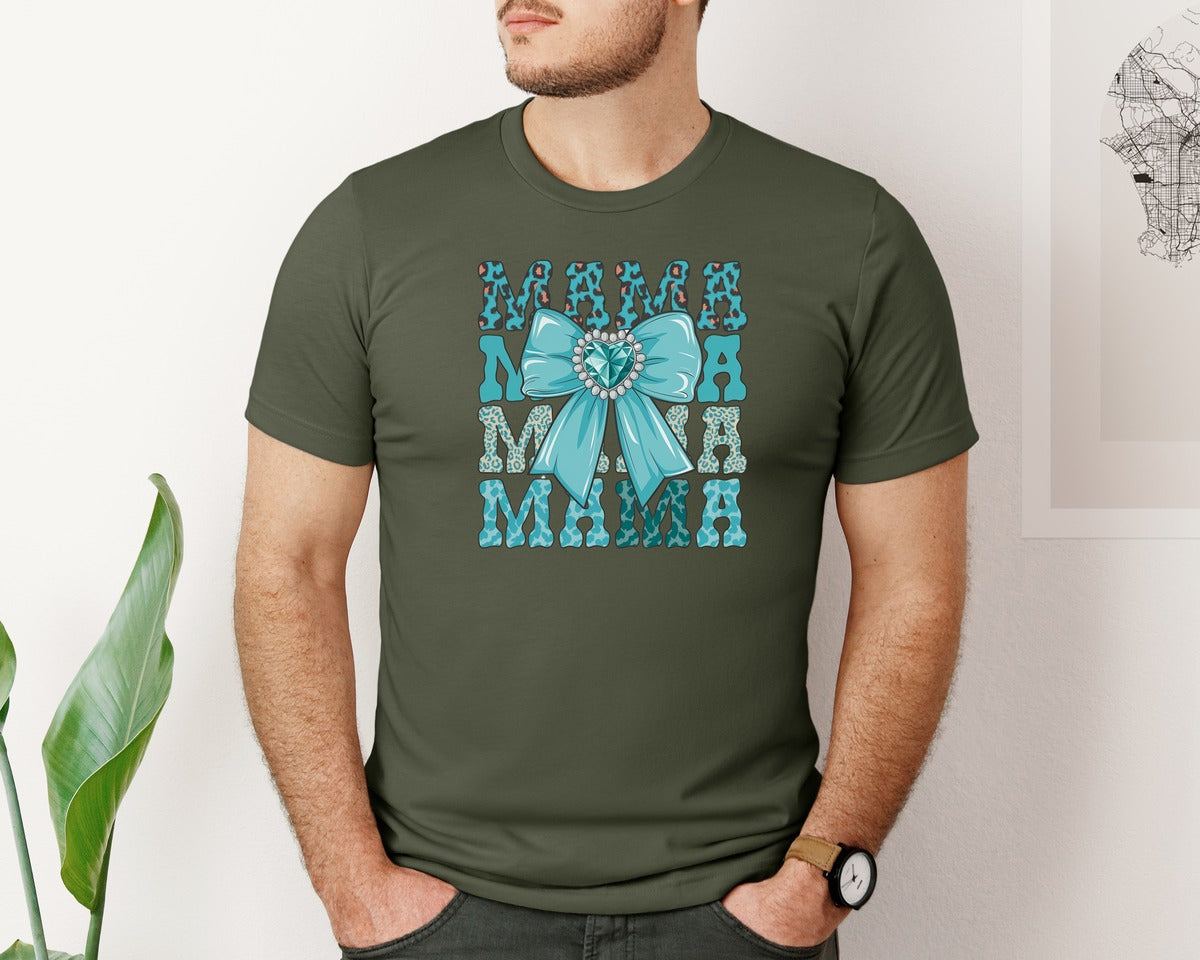 brand:Bella Canvas|color:Military Green|Trendy Mama Leopard Print Bow 3 Graphic T-Shirt
