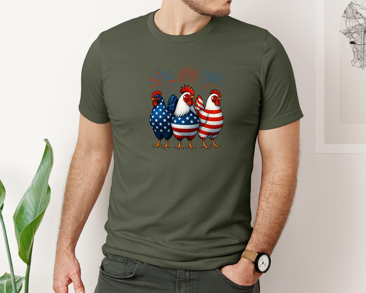 brand:Bella Canvas|color:Military Green|Patriotic Usa Chicken Funny American Graphic T-Shirt