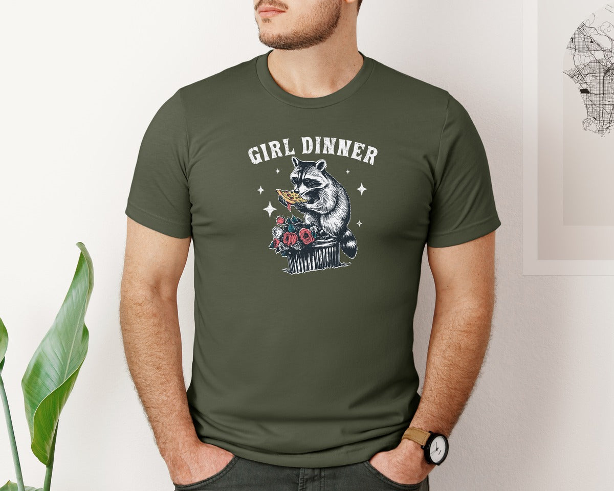 brand:Bella Canvas|color:Military Green|Girl Dinner Raccoon Eat Pizza Shirt Graphic T-Shirt