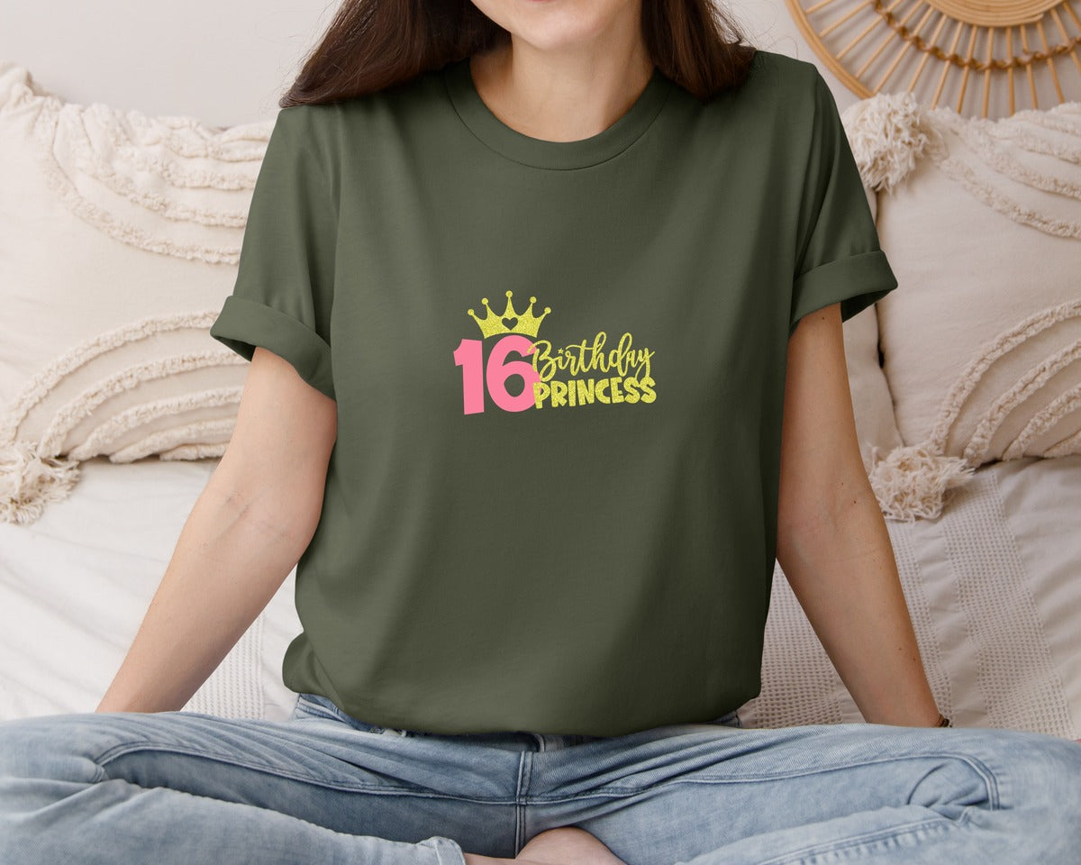 brand:Bella Canvas|color:Military Green|Sixteenth Birthday Princess Graphic T-Shirt