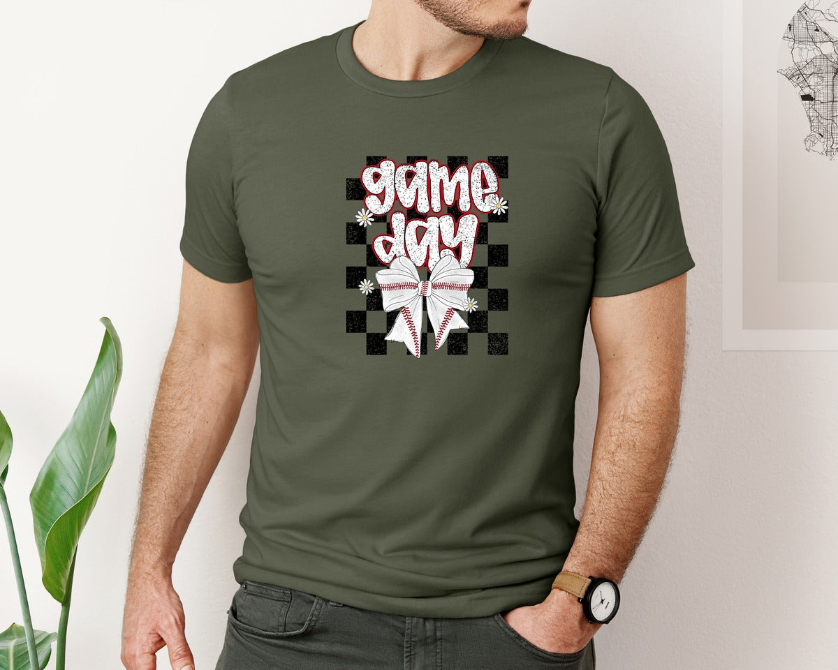brand:Bella Canvas|color:Military Green|Checkered Baseball Game Day Graphic T-Shirt