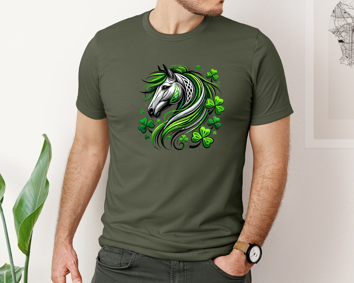 brand:Bella Canvas|color:Military Green|St Patricks Day Horse Lucky Graphic T-Shirt