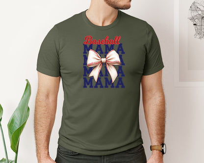brand:Bella Canvas|color:Military Green|Baseball Mama Mom Coquette Bow Game Graphic T-Shirt