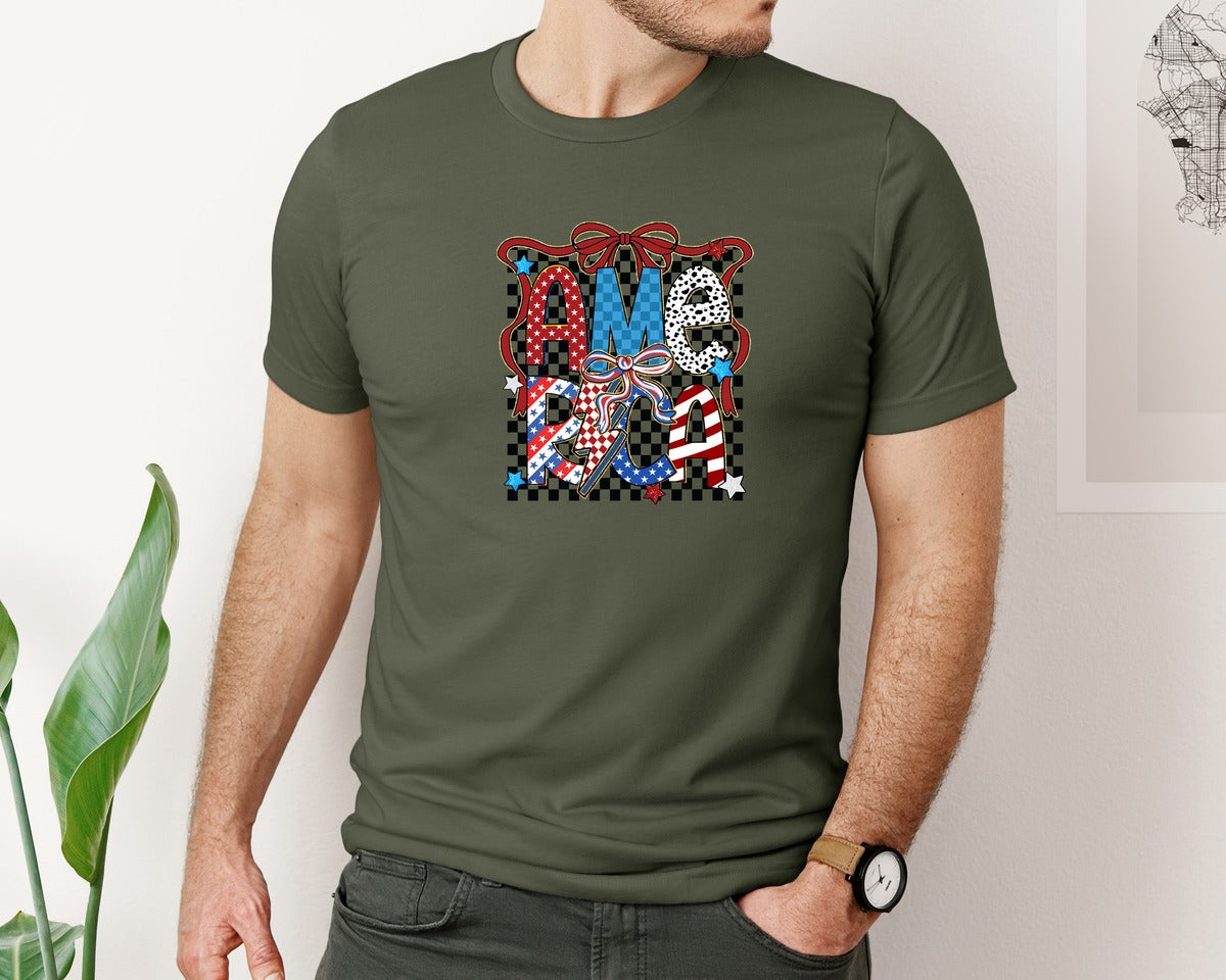 brand:Bella Canvas|color:Military Green|Coquette America Checkered 4Th July 2 Graphic T-Shirt