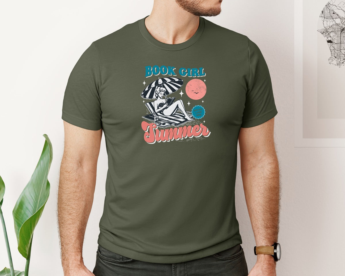brand:Bella Canvas|color:Military Green|Book Girl Summer On Beach Shirt Graphic T-Shirt