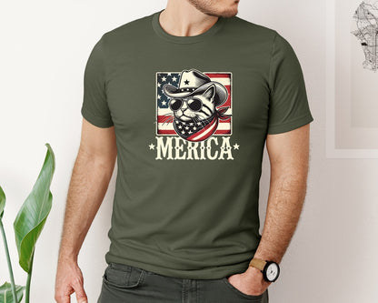 brand:Bella Canvas|color:Military Green|Merica Cat Patriotic Cowboy Cat Graphic T-Shirt