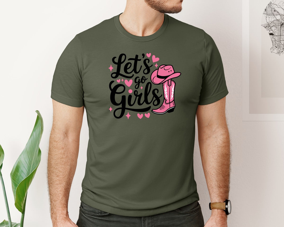 brand:Bella Canvas|color:Military Green|Lets Go Girls Western Cowgirl Graphic T-Shirt