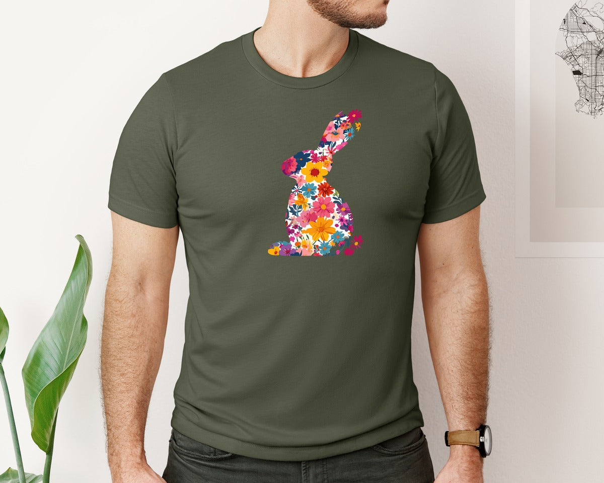 brand:Bella Canvas|color:Military Green|Floral Bunny Easter Rabbit Graphic T-Shirt