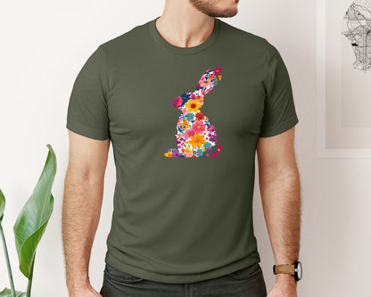 brand:Bella Canvas|color:Military Green|Floral Bunny Easter Rabbit Graphic T-Shirt
