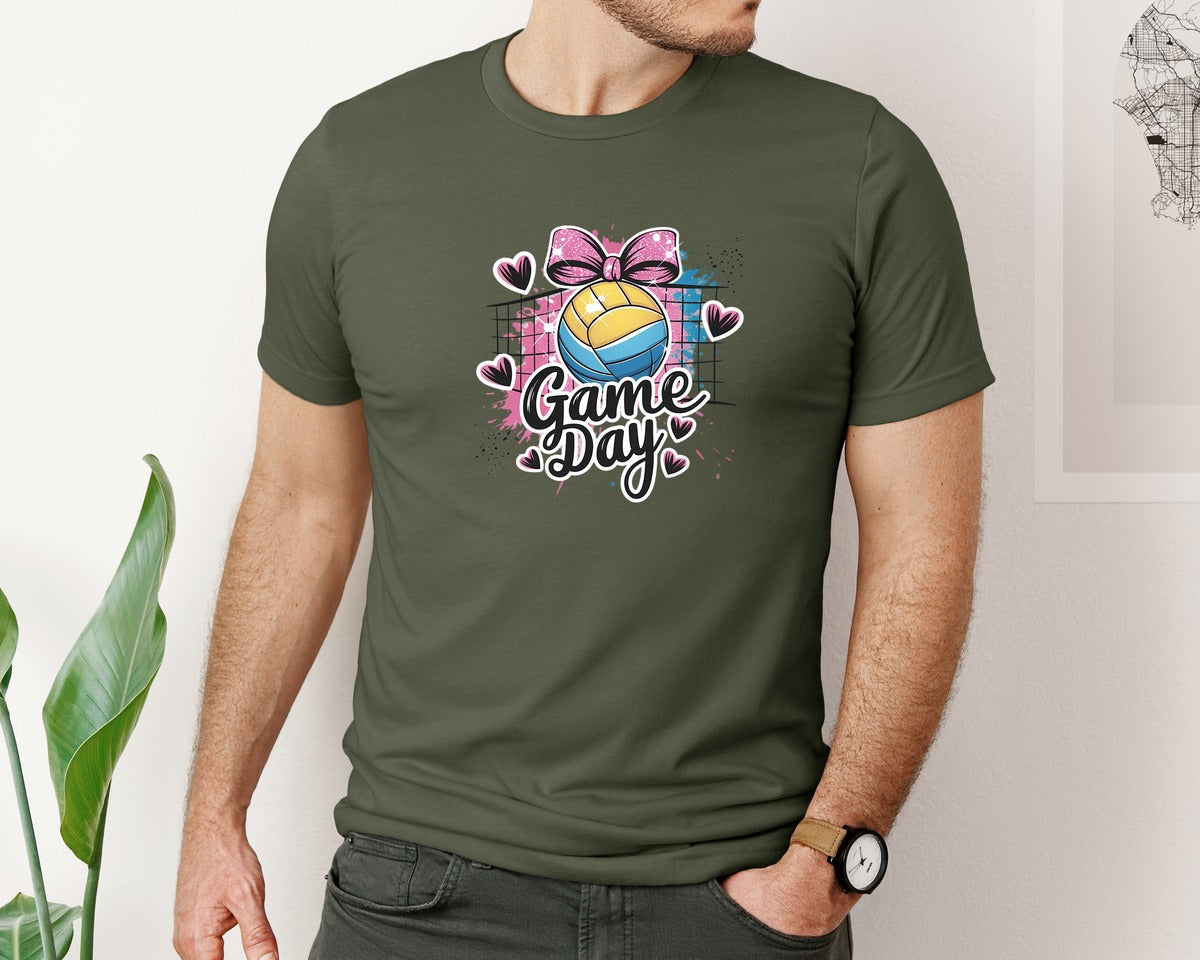 brand:Bella Canvas|color:Military Green|Game Day Volleyball Cute Girly Spo Graphic T-Shirt