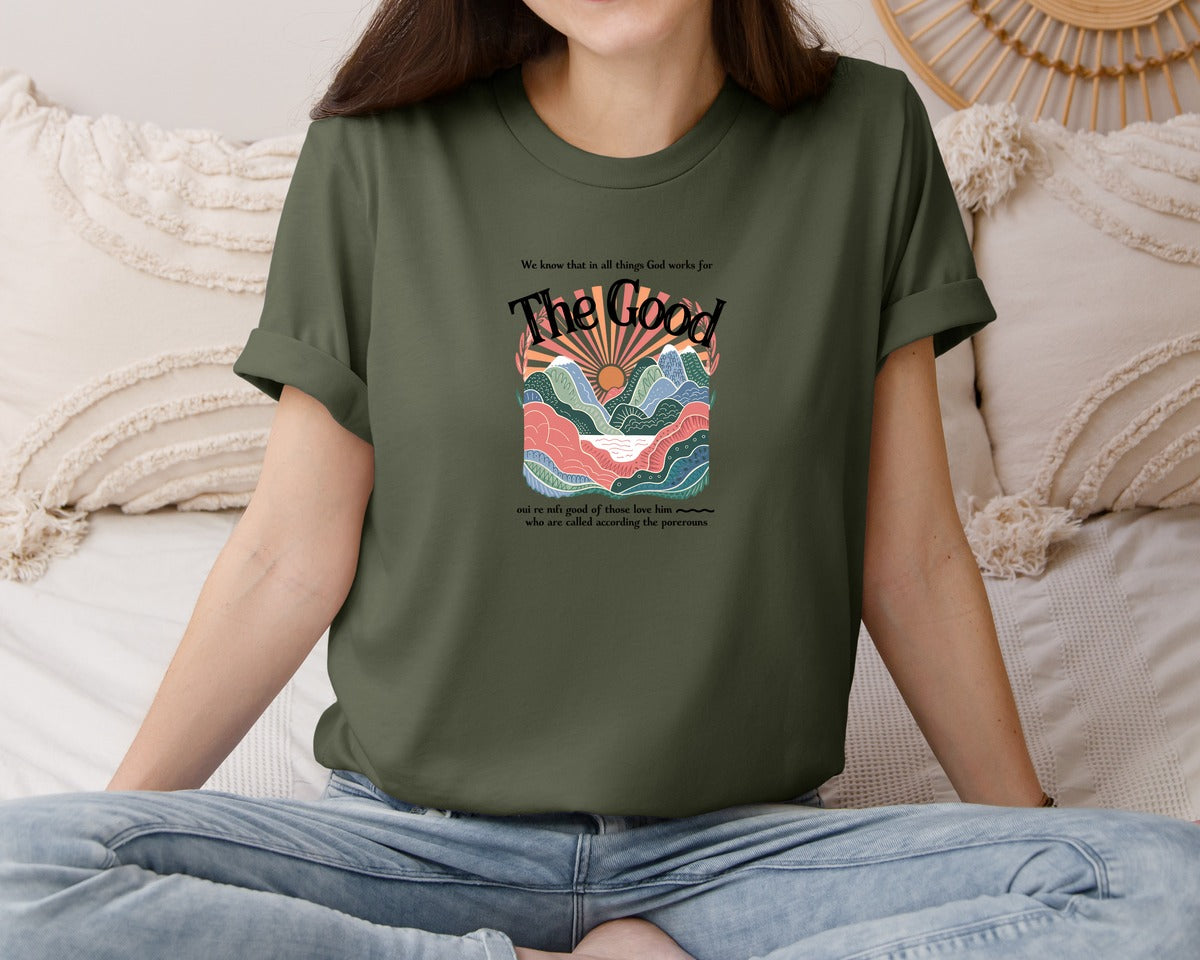 brand:Bella Canvas|color:Military Green|The Good Christian Mountain Sunrise Graphic T-Shirt