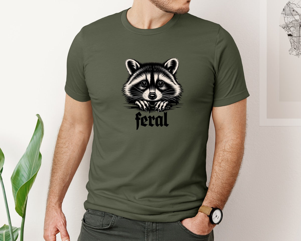 brand:Bella Canvas|color:Military Green|Feral Raccoon Gothic Grunge Wild Graphic T-Shirt