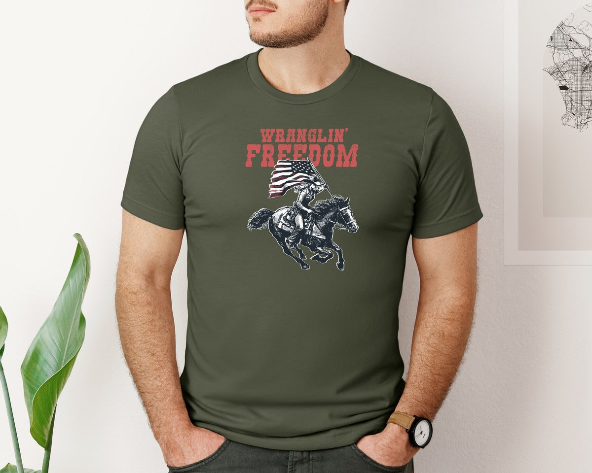 brand:Bella Canvas|color:Military Green|Wranglin Freedom American Cowgirl Shirt 2 Graphic T-Shirt