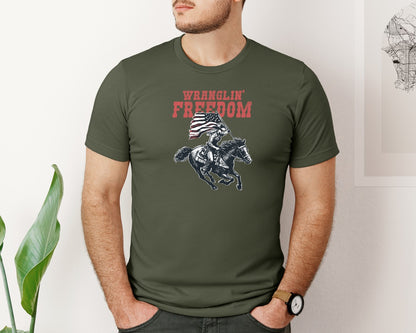 brand:Bella Canvas|color:Military Green|Wranglin Freedom American Cowgirl Shirt 2 Graphic T-Shirt