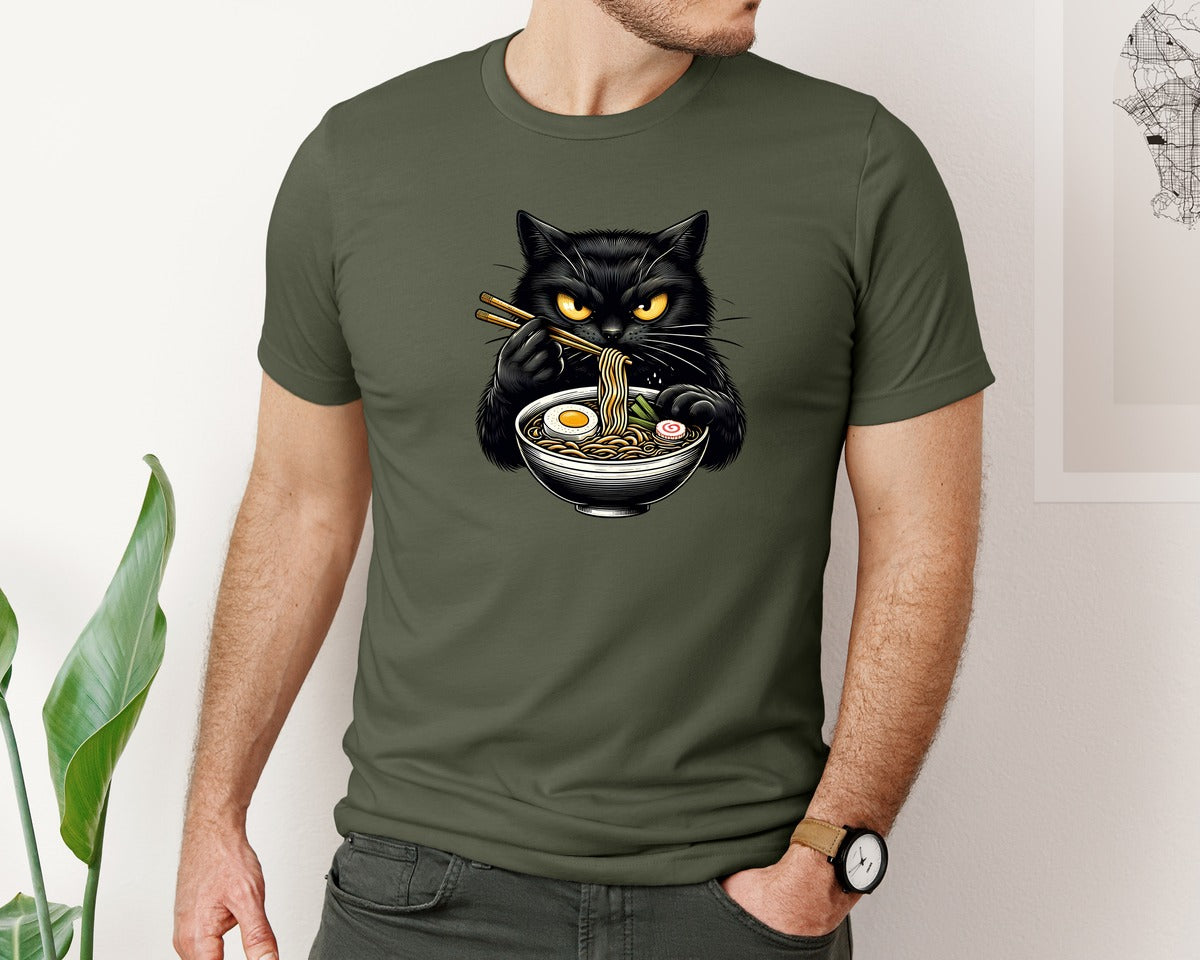 brand:Bella Canvas|color:Military Green|Cute Black Cat Eating Ramen Noodle 3 Graphic T-Shirt