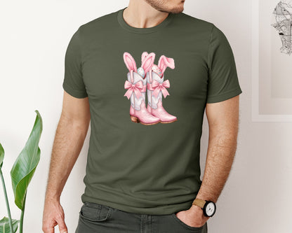 brand:Bella Canvas|color:Military Green|Howdy Western Easter Bunny Cowboy Boots Graphic T-Shirt