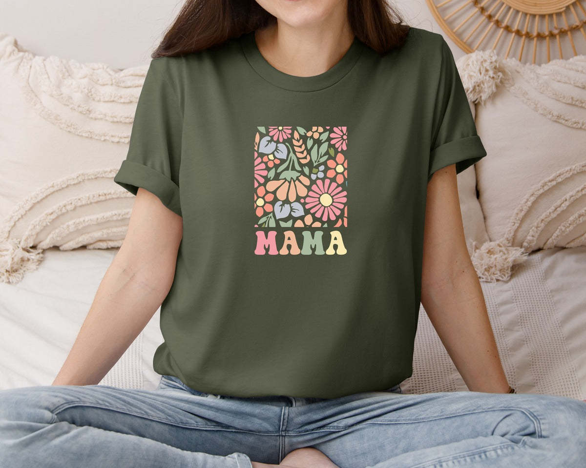 brand:Bella Canvas|color:Military Green|Boho Floral Mama Mama Flower Graphic T-Shirt