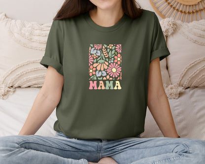 brand:Bella Canvas|color:Military Green|Boho Floral Mama Mama Flower Graphic T-Shirt