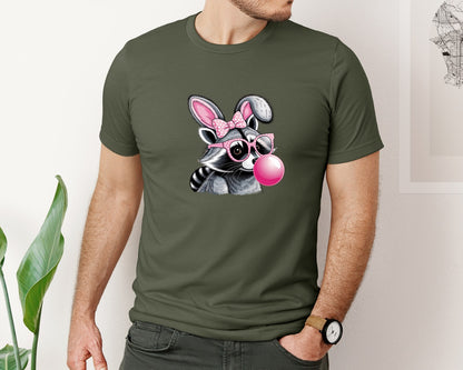 brand:Bella Canvas|color:Military Green|Cute Raccoon With Glasses Bubble Gum 6 Graphic T-Shirt
