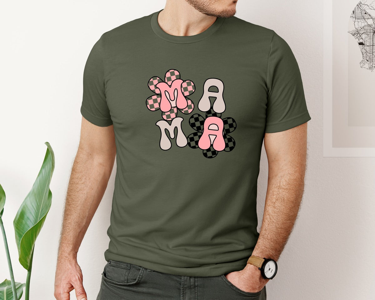 brand:Bella Canvas|color:Military Green|Checker Mama Checkered Mom Graphic T-Shirt