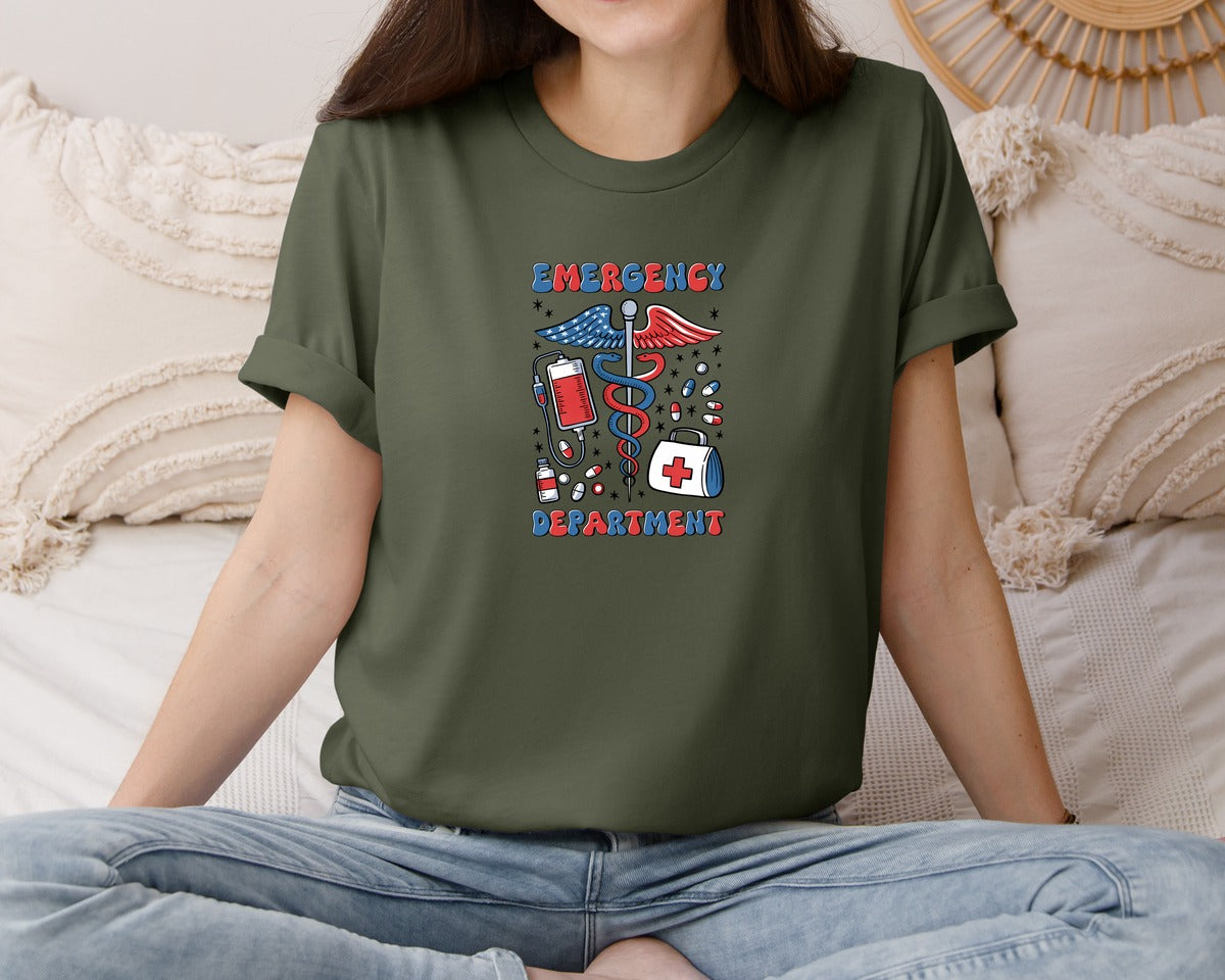 brand:Bella Canvas|color:Military Green|Emergency Department 4Th Of July Graphic T-Shirt