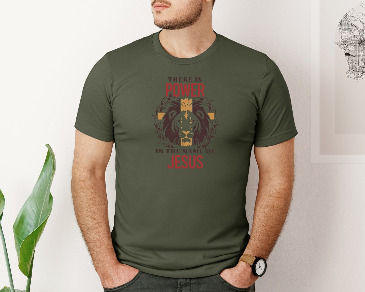 brand:Bella Canvas|color:Military Green|There Is Power In The Name Of Jesus 10 Graphic T-Shirt