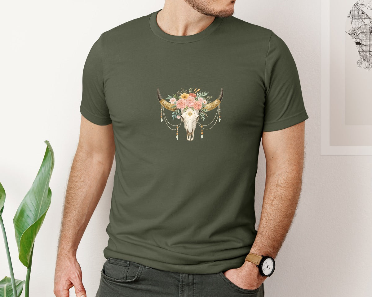 brand:Bella Canvas|color:Military Green|Rose Flowers Western Bull Skull Longhorn 5 Graphic T-Shirt