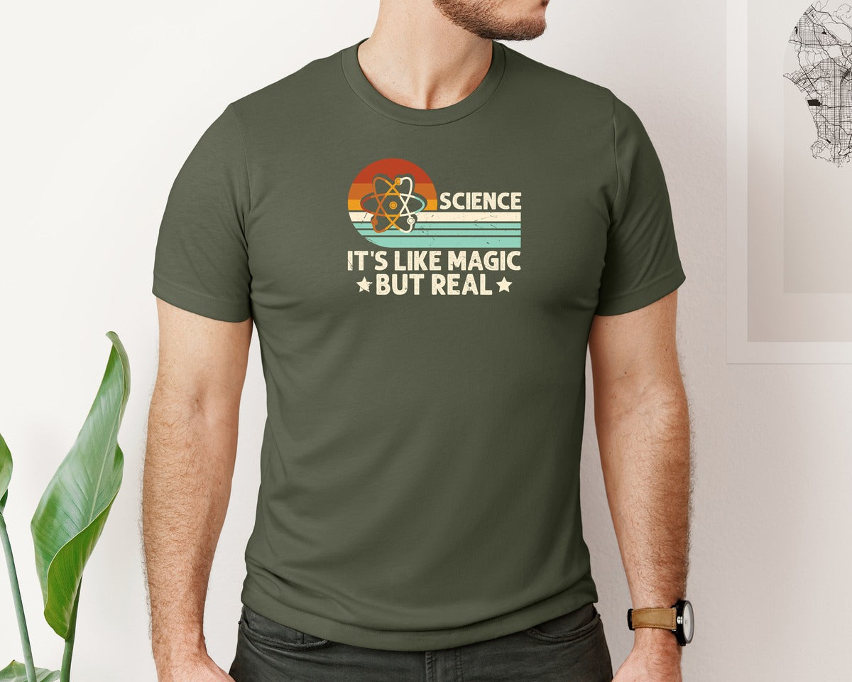 brand:Bella Canvas|color:Military Green|Science Its Like Magic But Real T Shirt 2 Graphic T-Shirt