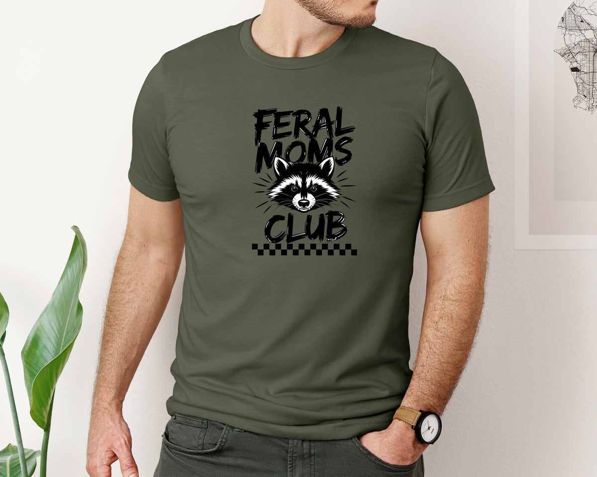 brand:Bella Canvas|color:Military Green|Feral Moms Club Mom Life Raccoon Graphic T-Shirt