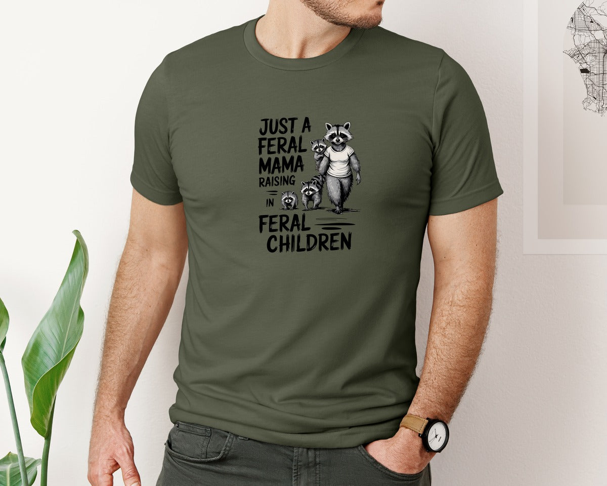 brand:Bella Canvas|color:Military Green|Funny Mothers Day Raccoon Mama Tired Graphic T-Shirt