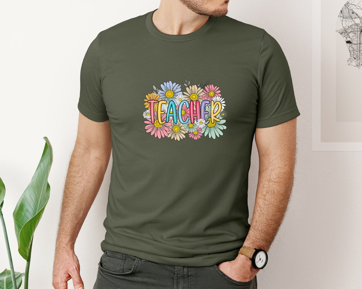 brand:Bella Canvas|color:Military Green|Teacher Preppy Floral Teacher Graphic T-Shirt