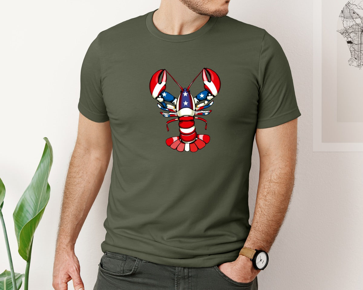 brand:Bella Canvas|color:Military Green|American Flag Lobster T Shirt Design 2 Graphic T-Shirt