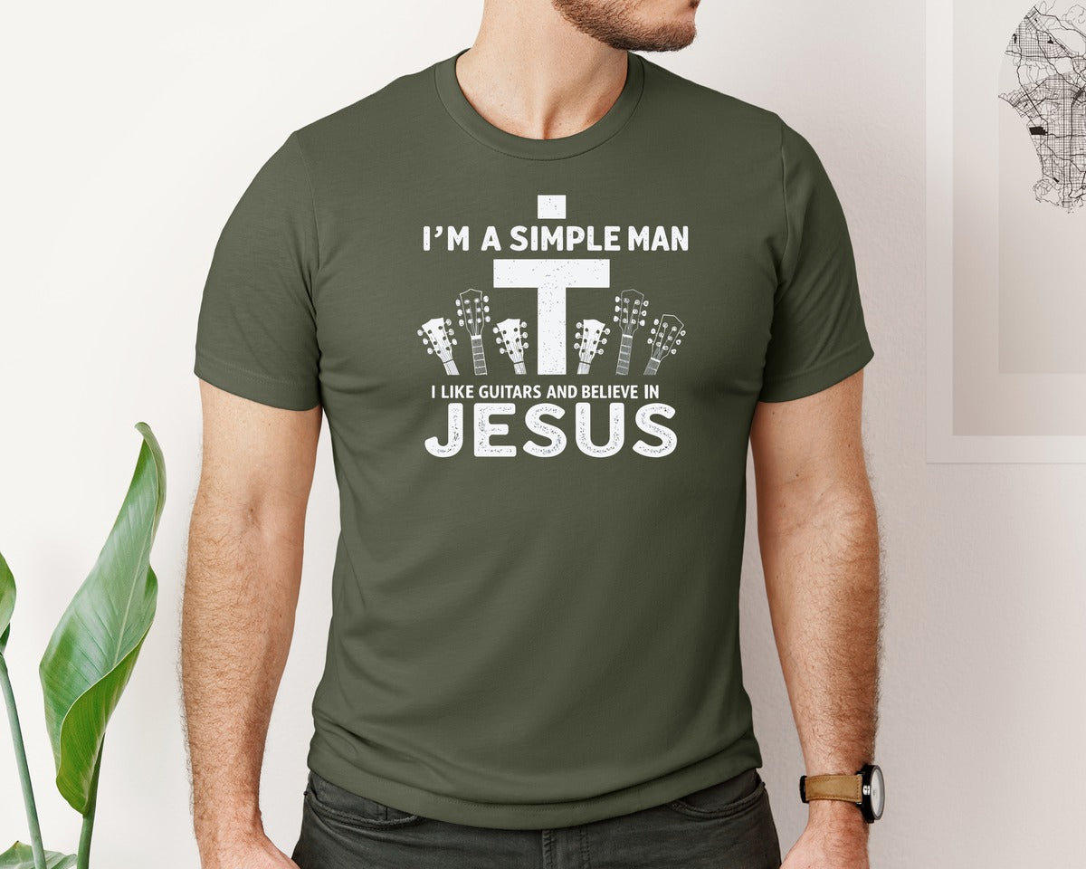 brand:Bella Canvas|color:Military Green|Christian Guitar Im A Simple Man Graphic T-Shirt