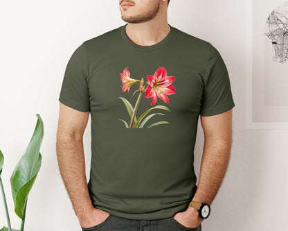 brand:Bella Canvas|color:Military Green|Red Amaryllis Flower T Shirt Design Graphic T-Shirt