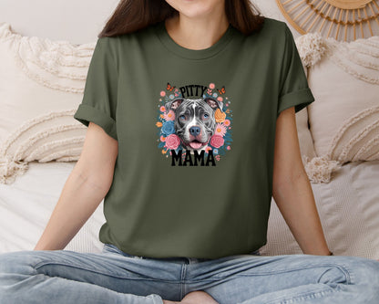 brand:Bella Canvas|color:Military Green|Pitty Mama Cute Pitbull Dog Graphic T-Shirt