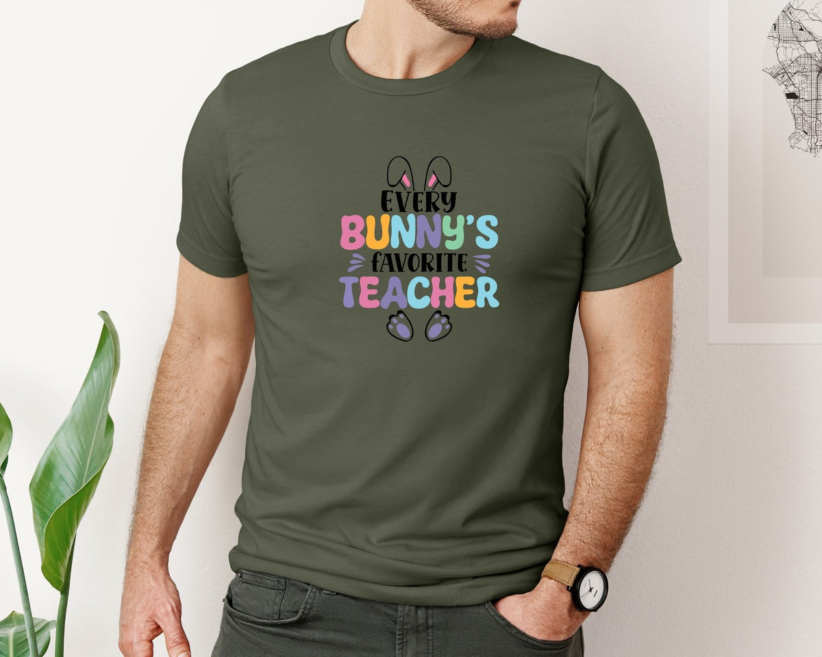 brand:Bella Canvas|color:Military Green|Every Bunnys Favorite Teacher Easter 9 Graphic T-Shirt