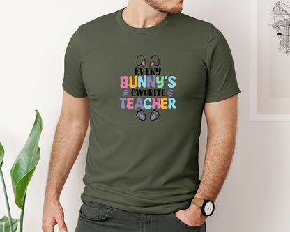 brand:Bella Canvas|color:Military Green|Every Bunnys Favorite Teacher Easter 9 Graphic T-Shirt