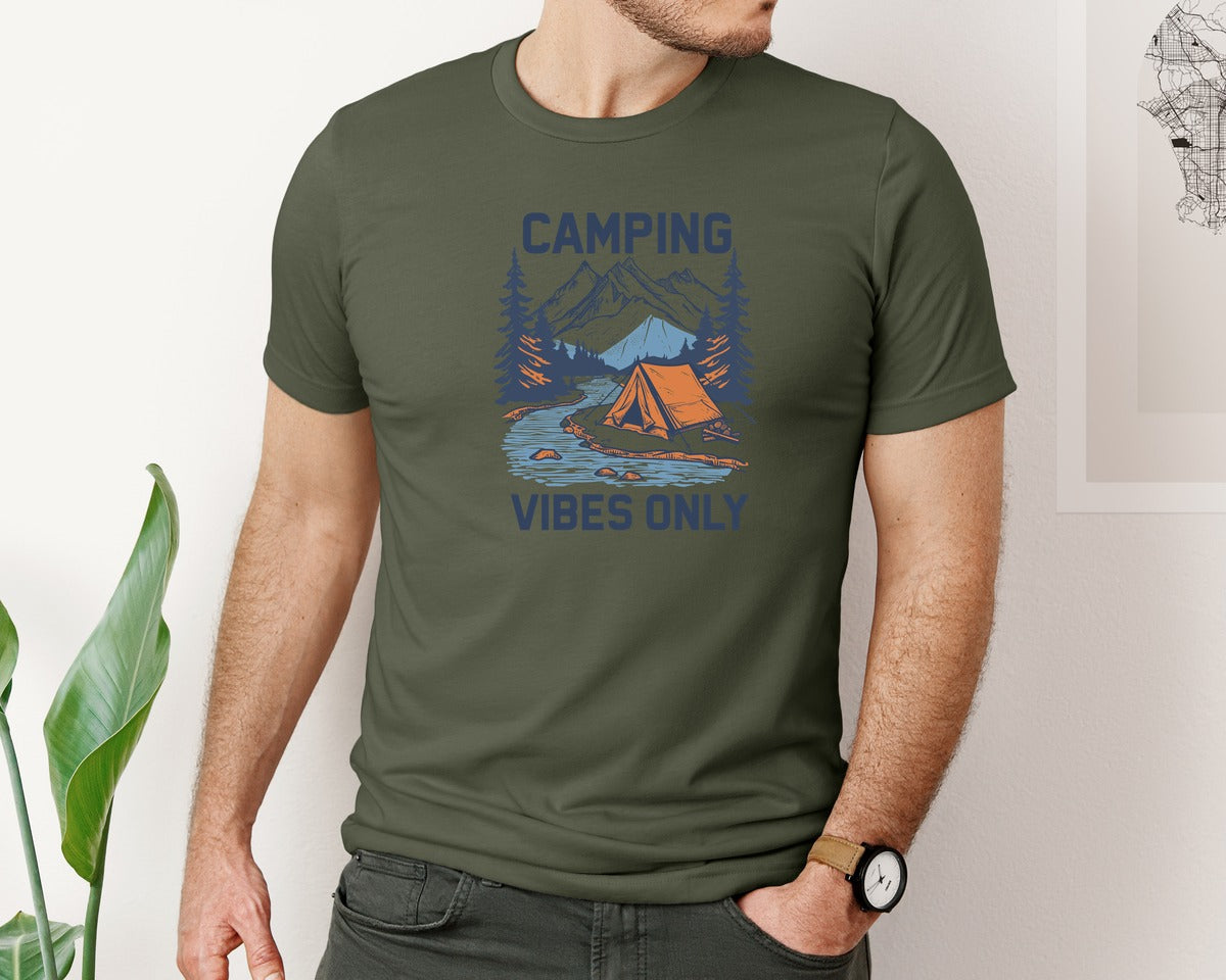 brand:Bella Canvas|color:Military Green|Camping Vibes Only Outdoor Adventure Tee Graphic T-Shirt