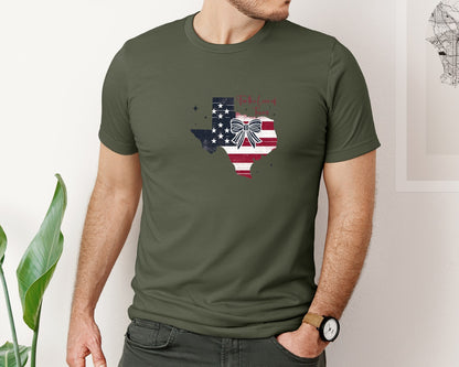 brand:Bella Canvas|color:Military Green|Floral Texas Map Coquette 4Th Graphic T-Shirt