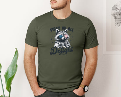 brand:Bella Canvas|color:Military Green|First Of All Im A Delight Funny Raccoon 3 Graphic T-Shirt
