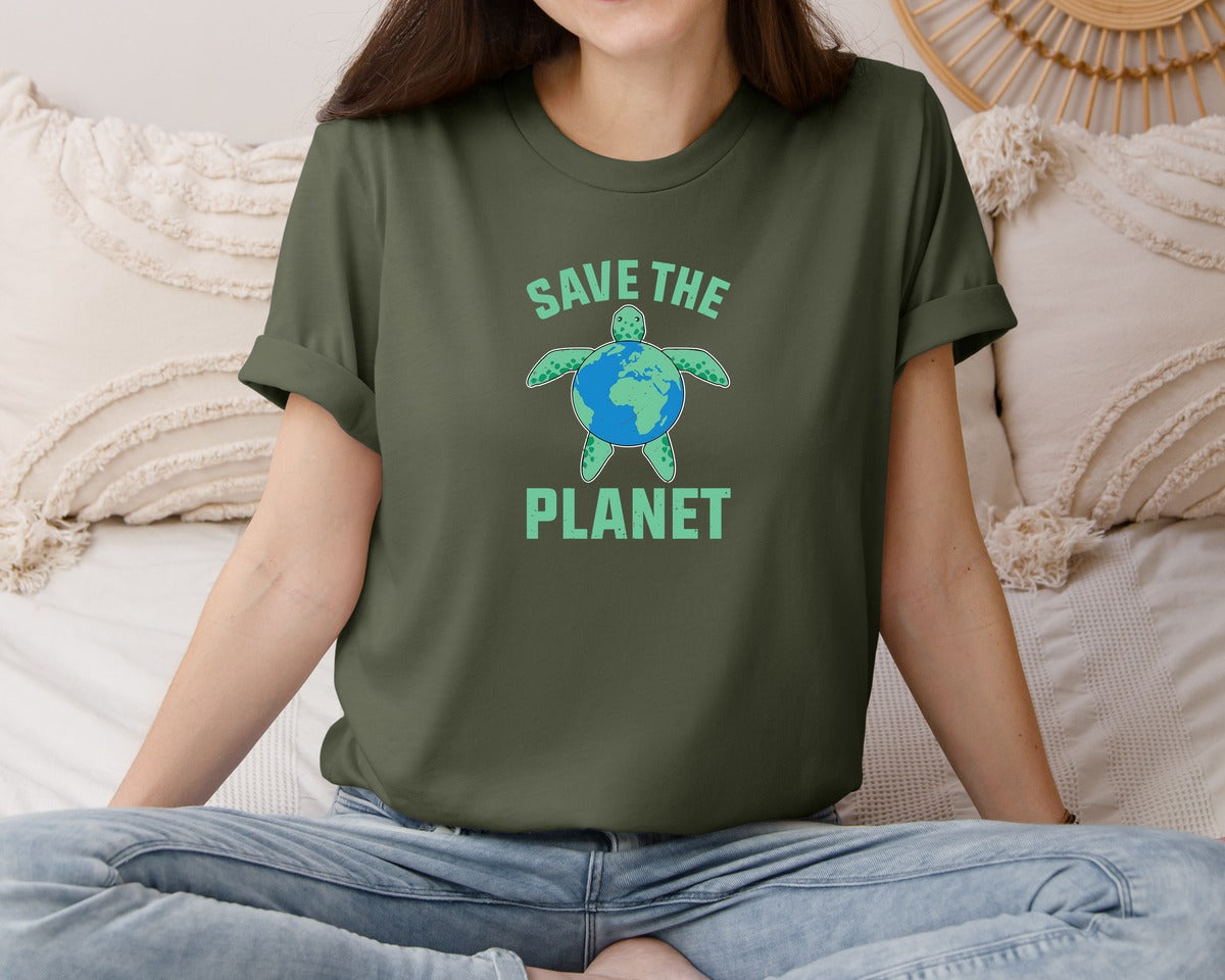 brand:Bella Canvas|color:Military Green|Save The Planet Turtle Earth Globe Graphic T-Shirt